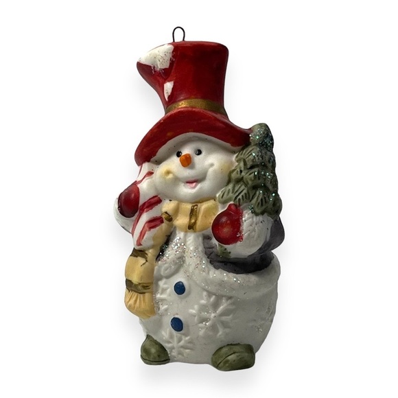 Snowman Porcelain Christmas Ornament Top Hat 3” Holiday Decor - Picture 2 of 4